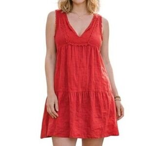 Marisa‎ & Marie Tiered Babydoll Dress XL Red Linen Daisy Lace Trim Cottage Italy